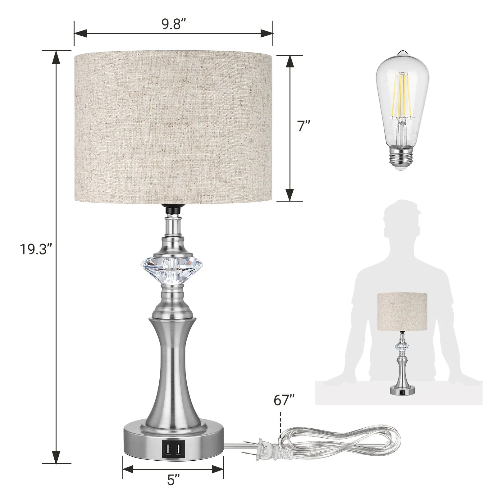 3-Way Dimmable Touch Control Table Lamp with 2 USB Ports, 2 Pack-HLTL06C1