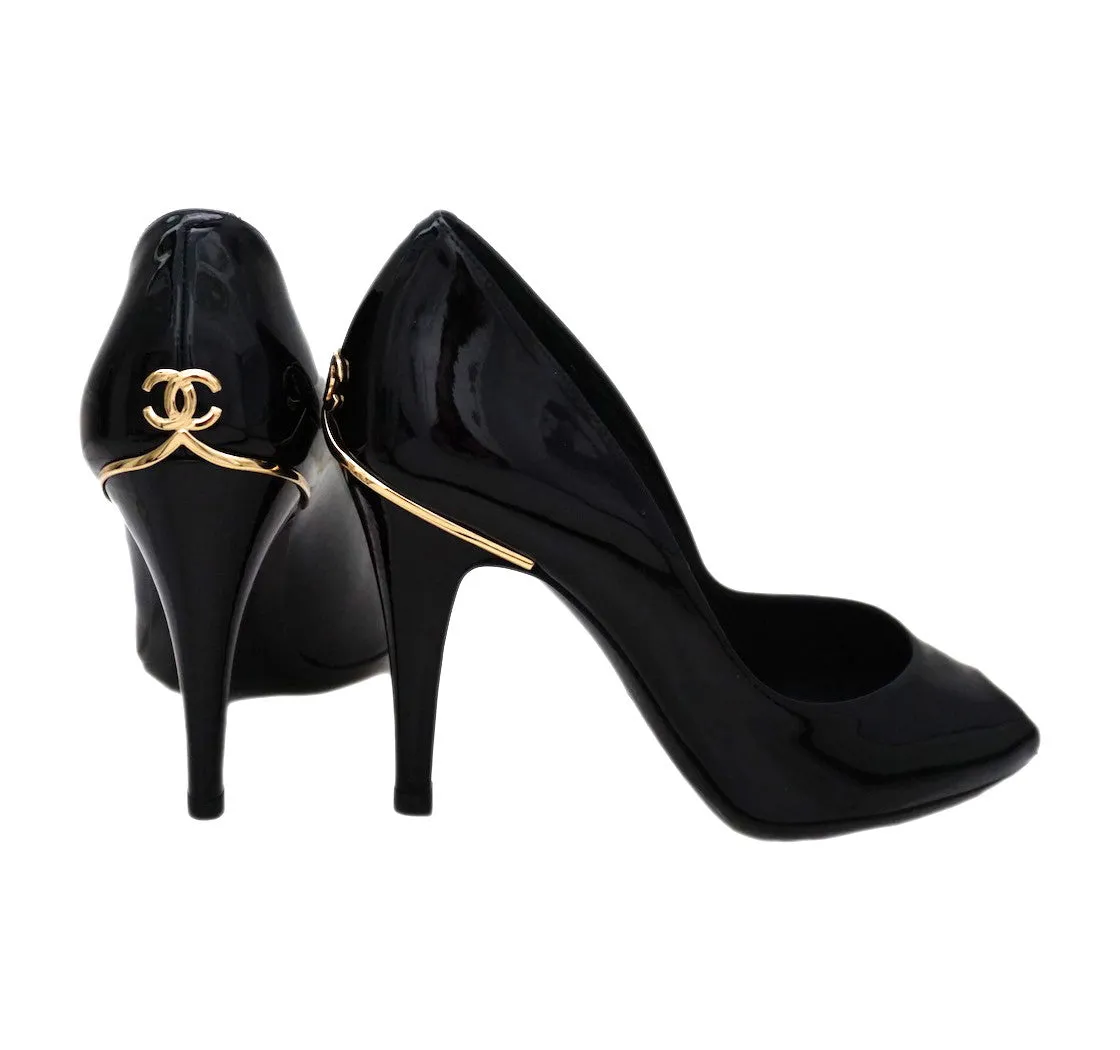 Authentic Chanel Classic Runway Black Patent Open-Toe Pumps