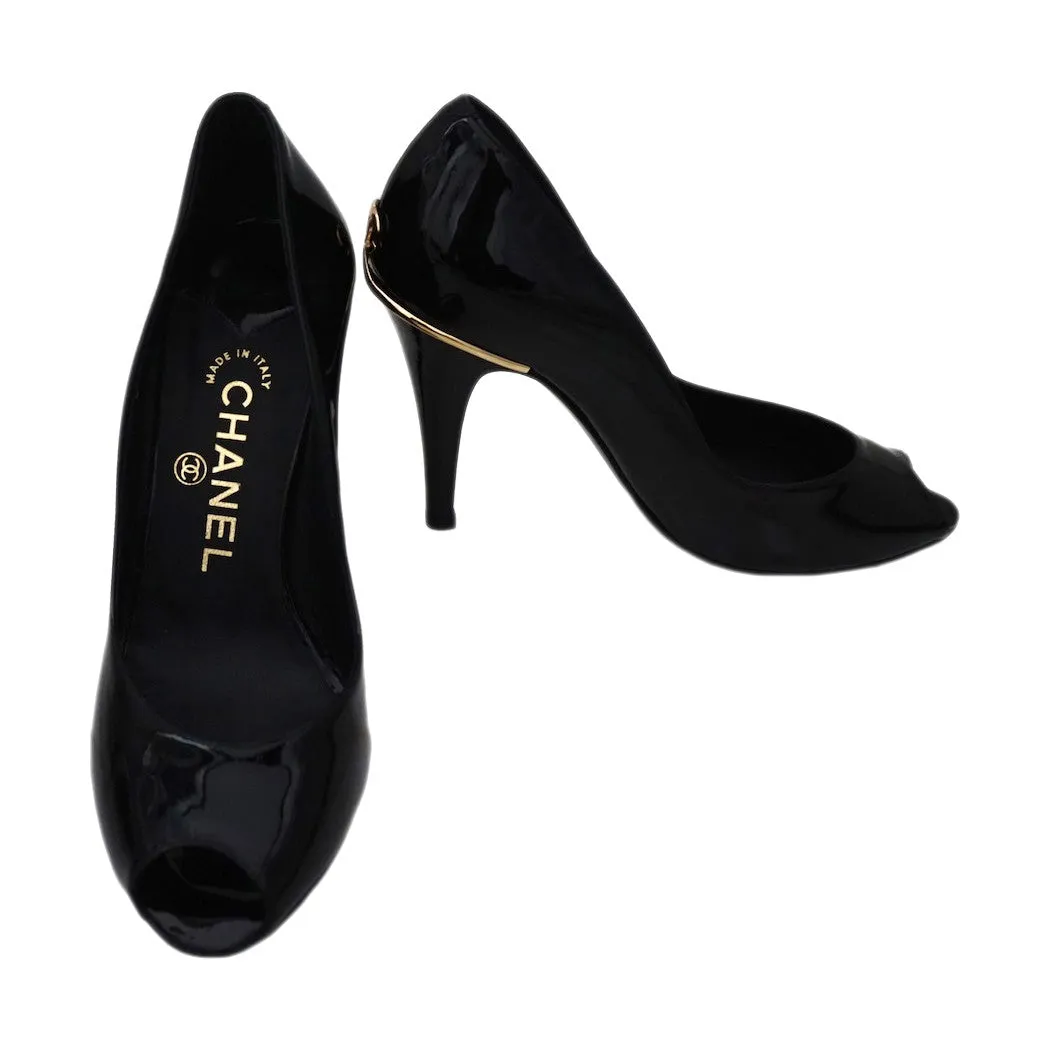 Authentic Chanel Classic Runway Black Patent Open-Toe Pumps