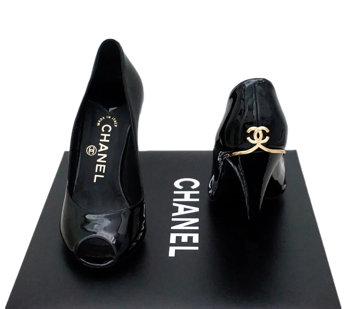 Authentic Chanel Classic Runway Black Patent Open-Toe Pumps