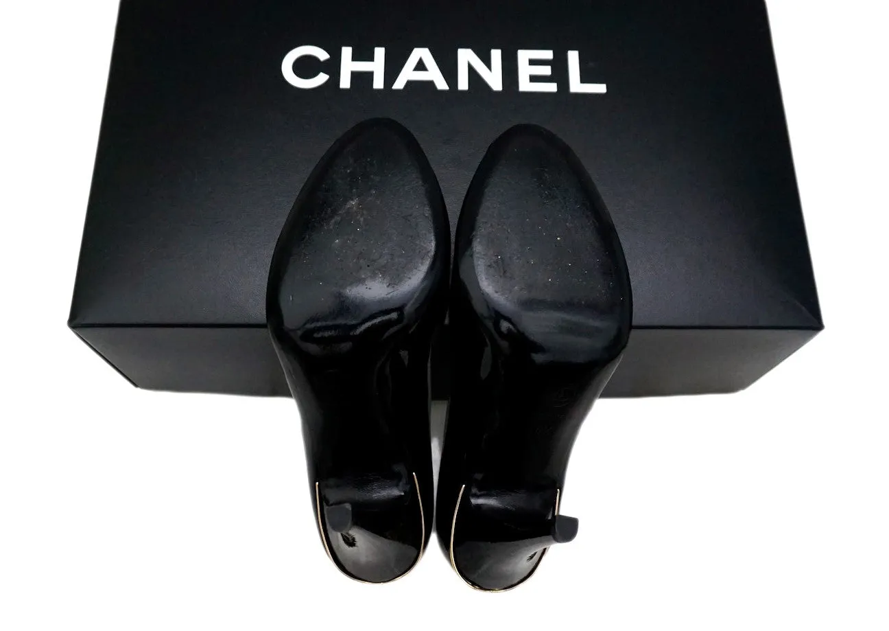 Authentic Chanel Classic Runway Black Patent Open-Toe Pumps