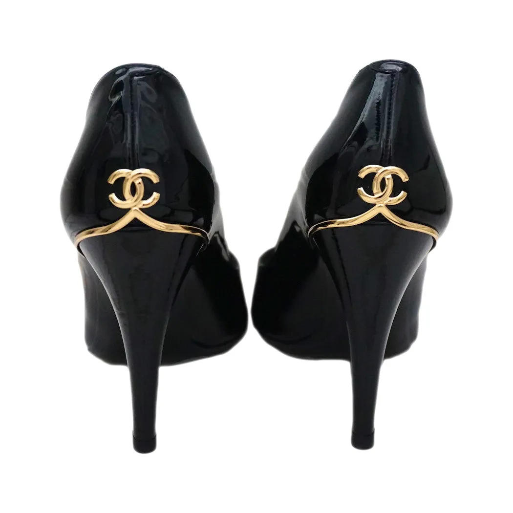 Authentic Chanel Classic Runway Black Patent Open-Toe Pumps