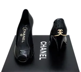 Authentic Chanel Classic Runway Black Patent Open-Toe Pumps