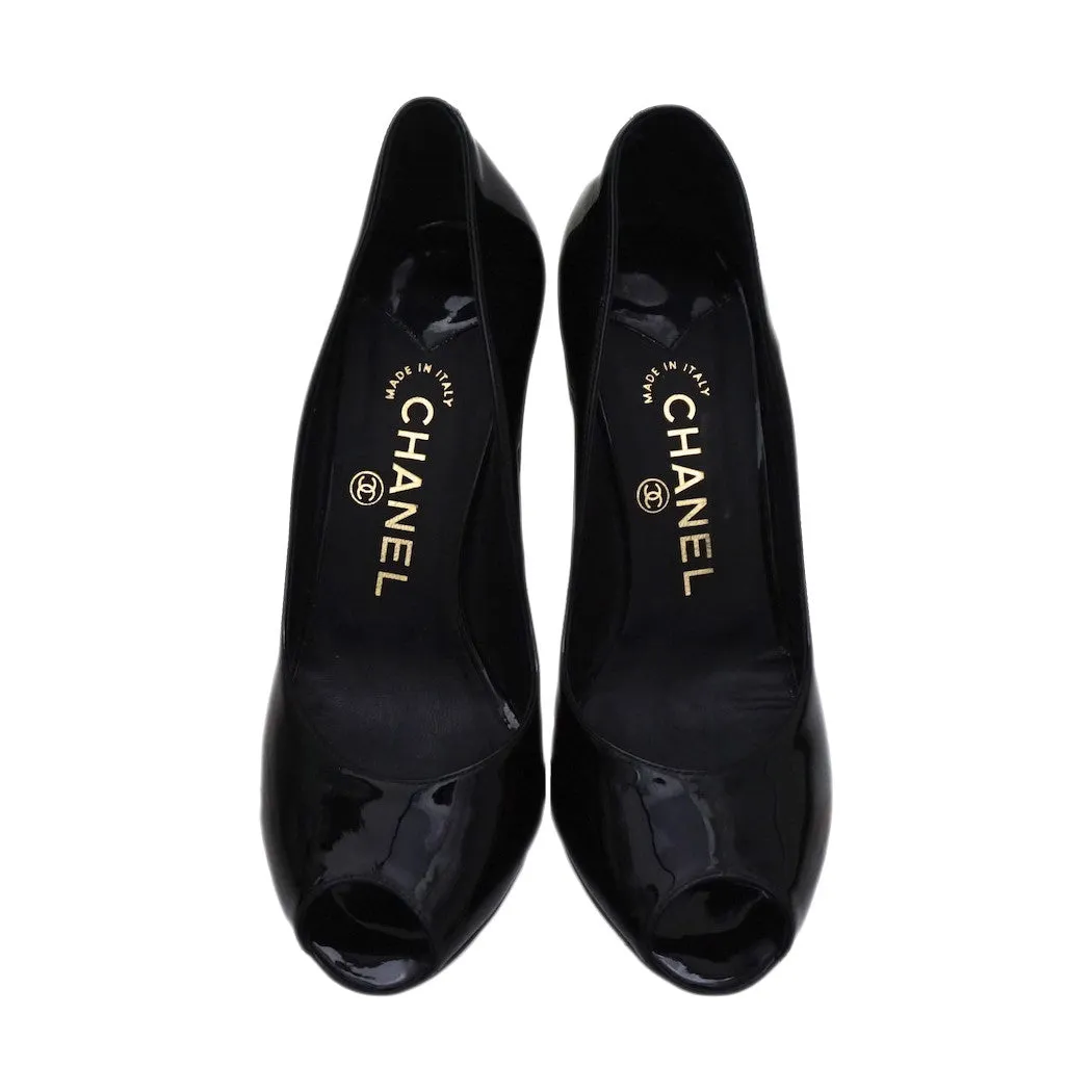 Authentic Chanel Classic Runway Black Patent Open-Toe Pumps