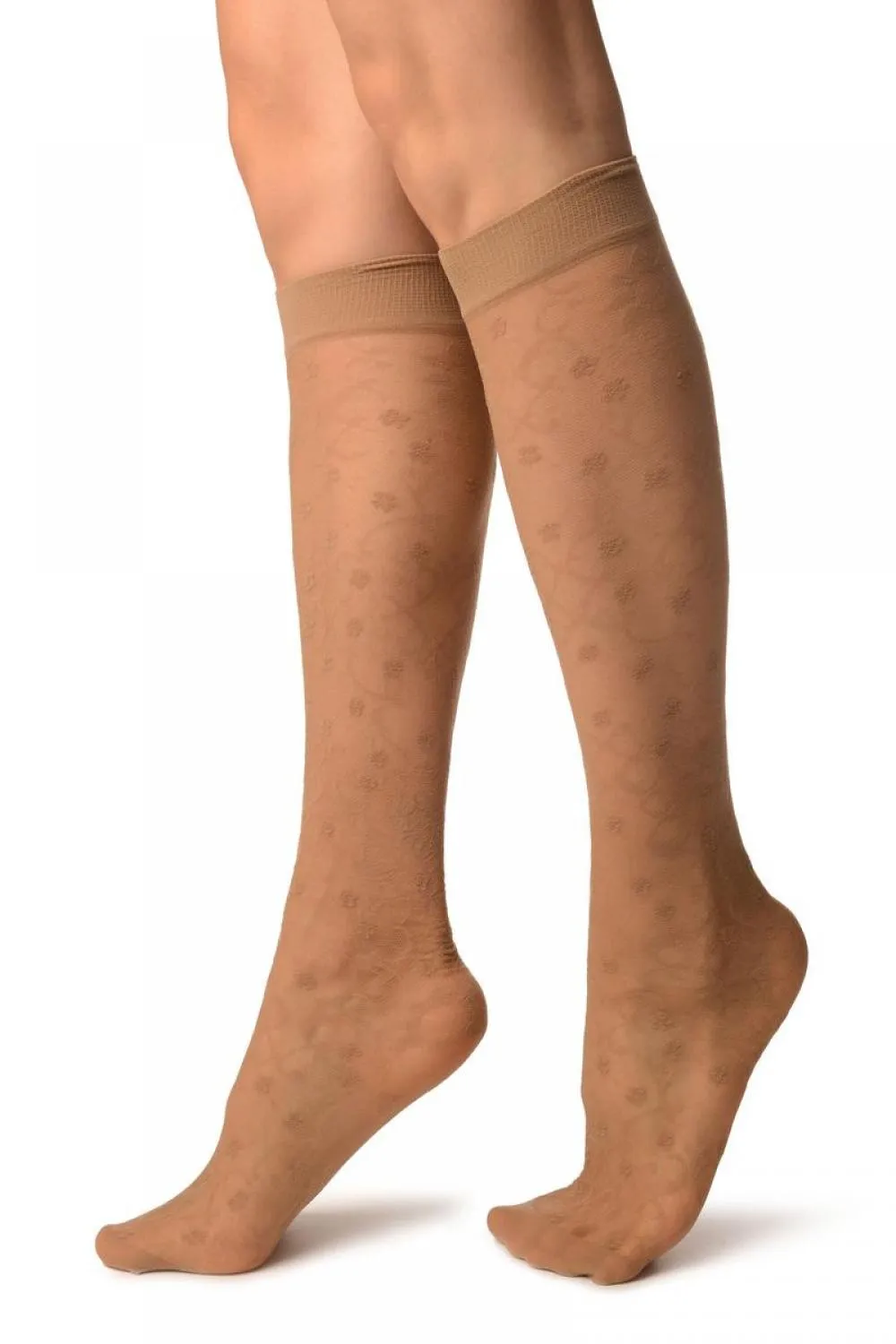 Beige Orchids On Lace Socks Knee High