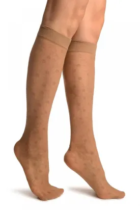 Beige Orchids On Lace Socks Knee High