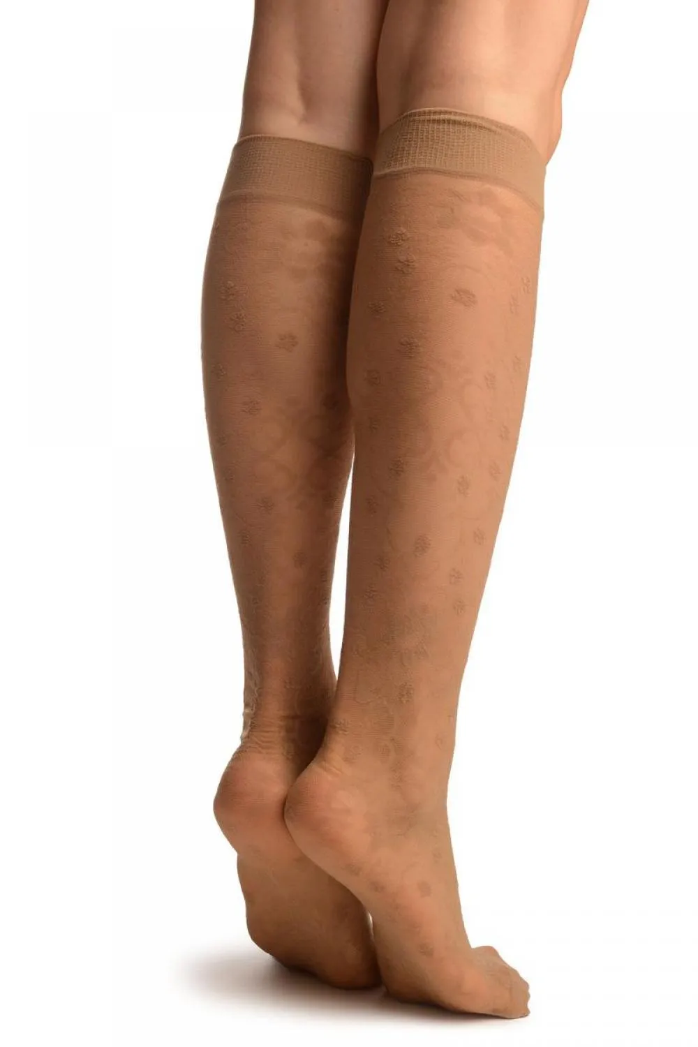 Beige Orchids On Lace Socks Knee High