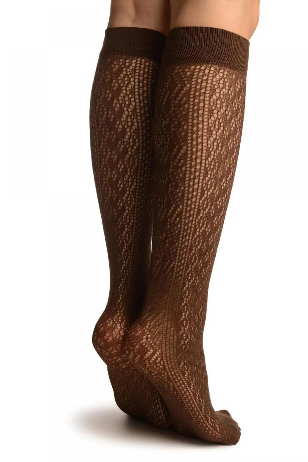 Brown Crochet Lace Stripes Socks Knee High