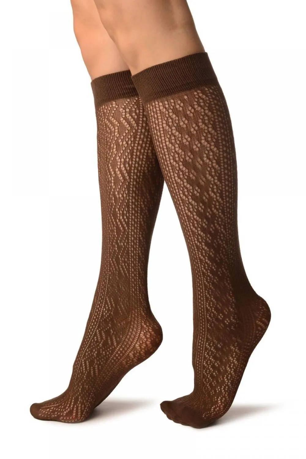 Brown Crochet Lace Stripes Socks Knee High