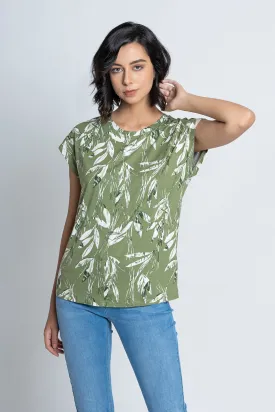 Green Leaf Printed Short Sleeves T-Shirt