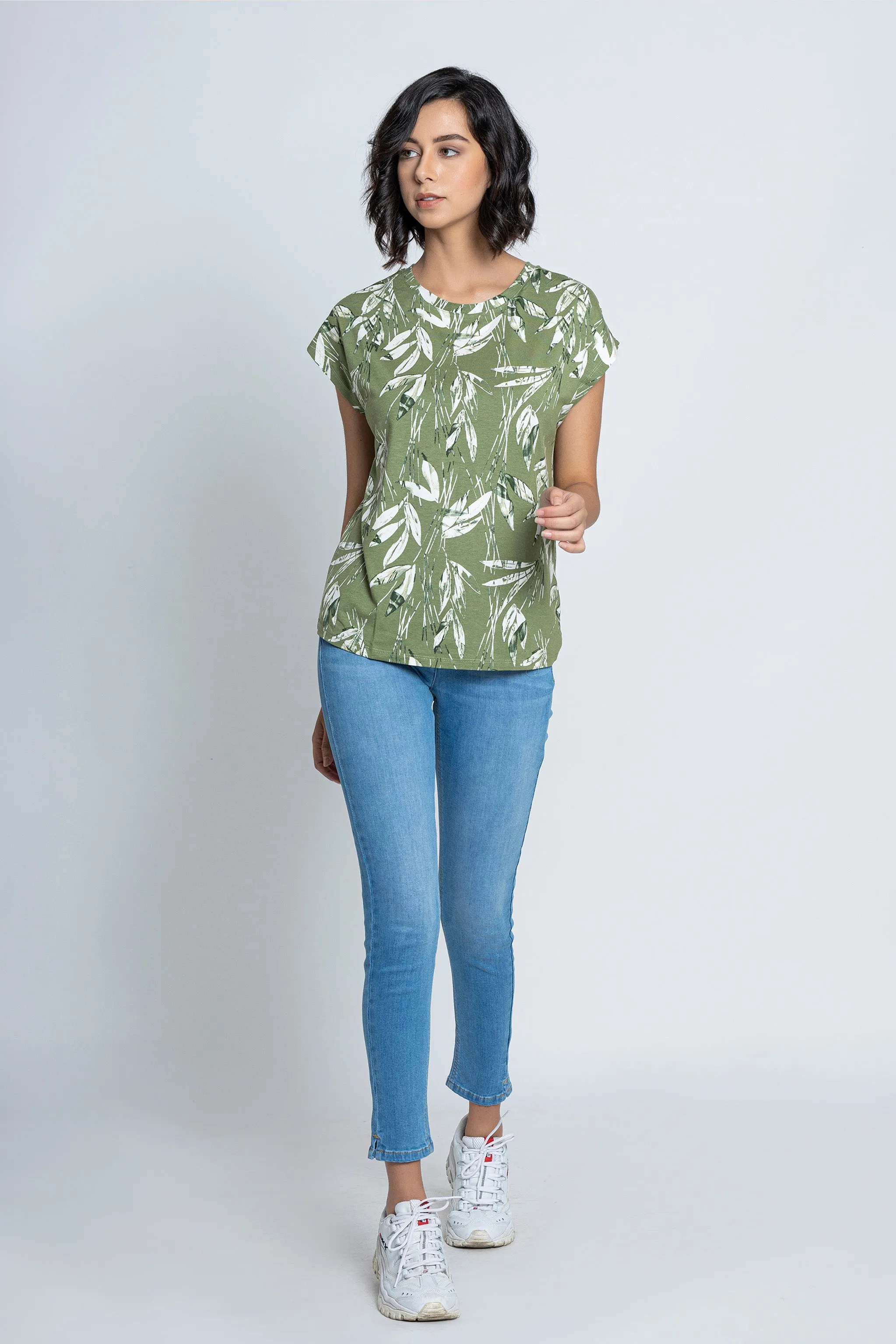Green Leaf Printed Short Sleeves T-Shirt