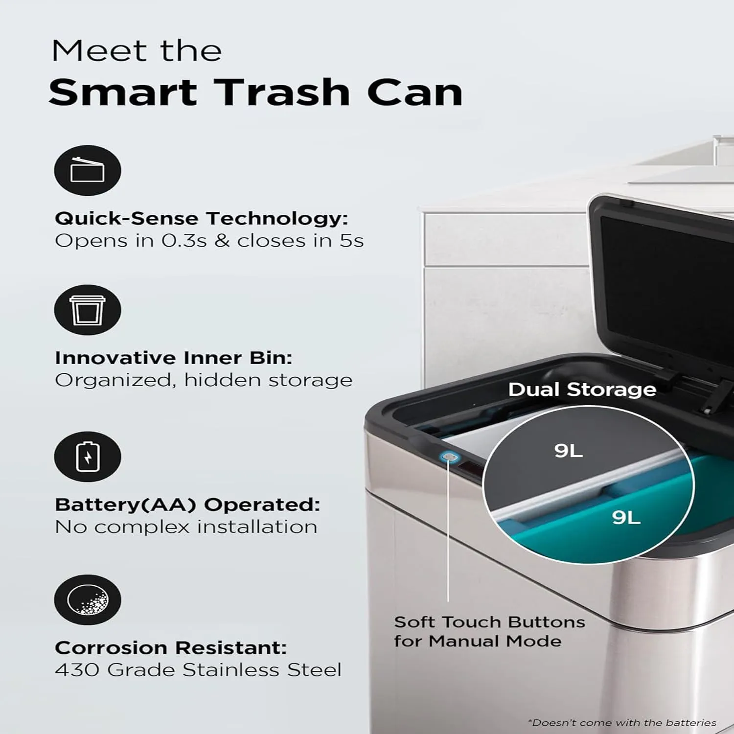 Kuber Industries Sensor Dustbin | Sliding Big Sensor Dustbin | Touchless Trash Can | Smart Dustbin for Bedroom-Office-Living Room | Automatic Garbage Can | HN-ZH-S-42L | Silver