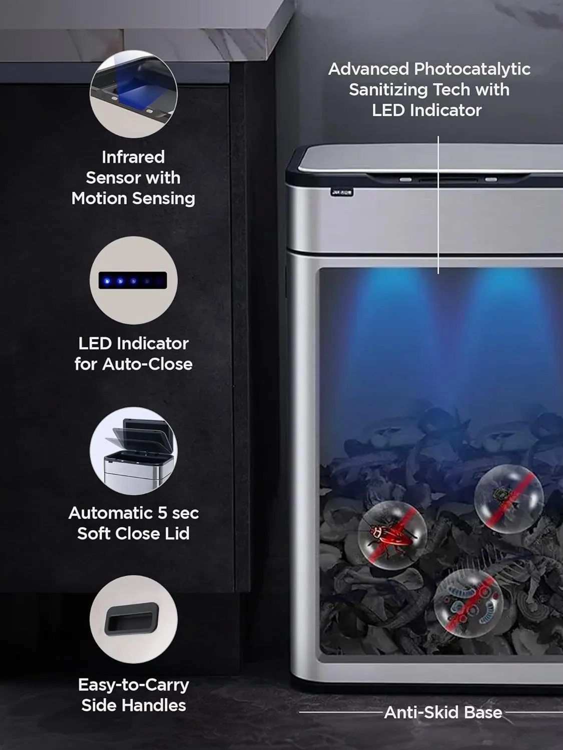 Kuber Industries Sensor Dustbin | Sliding Big Sensor Dustbin | Touchless Trash Can | Smart Dustbin for Bedroom-Office-Living Room | Automatic Garbage Can | HN-ZH-S-42L | Silver