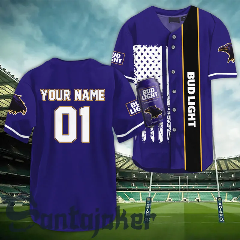 Personalized American Flag Bud Light Raven Baseball Jersey