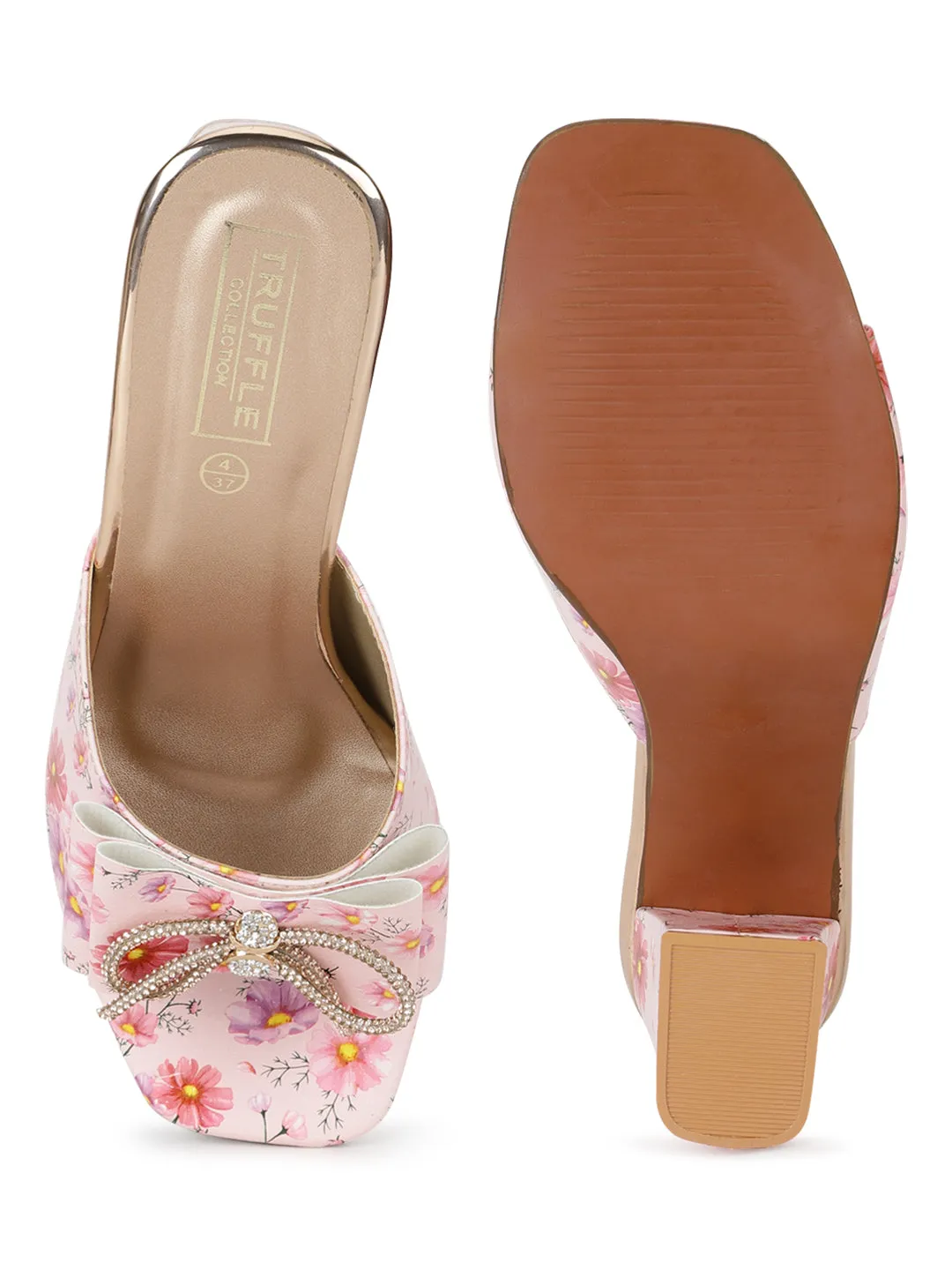 Pink PU Floral Diamante Bow Block Heel Mules (TC-SLC-R550-PNK)