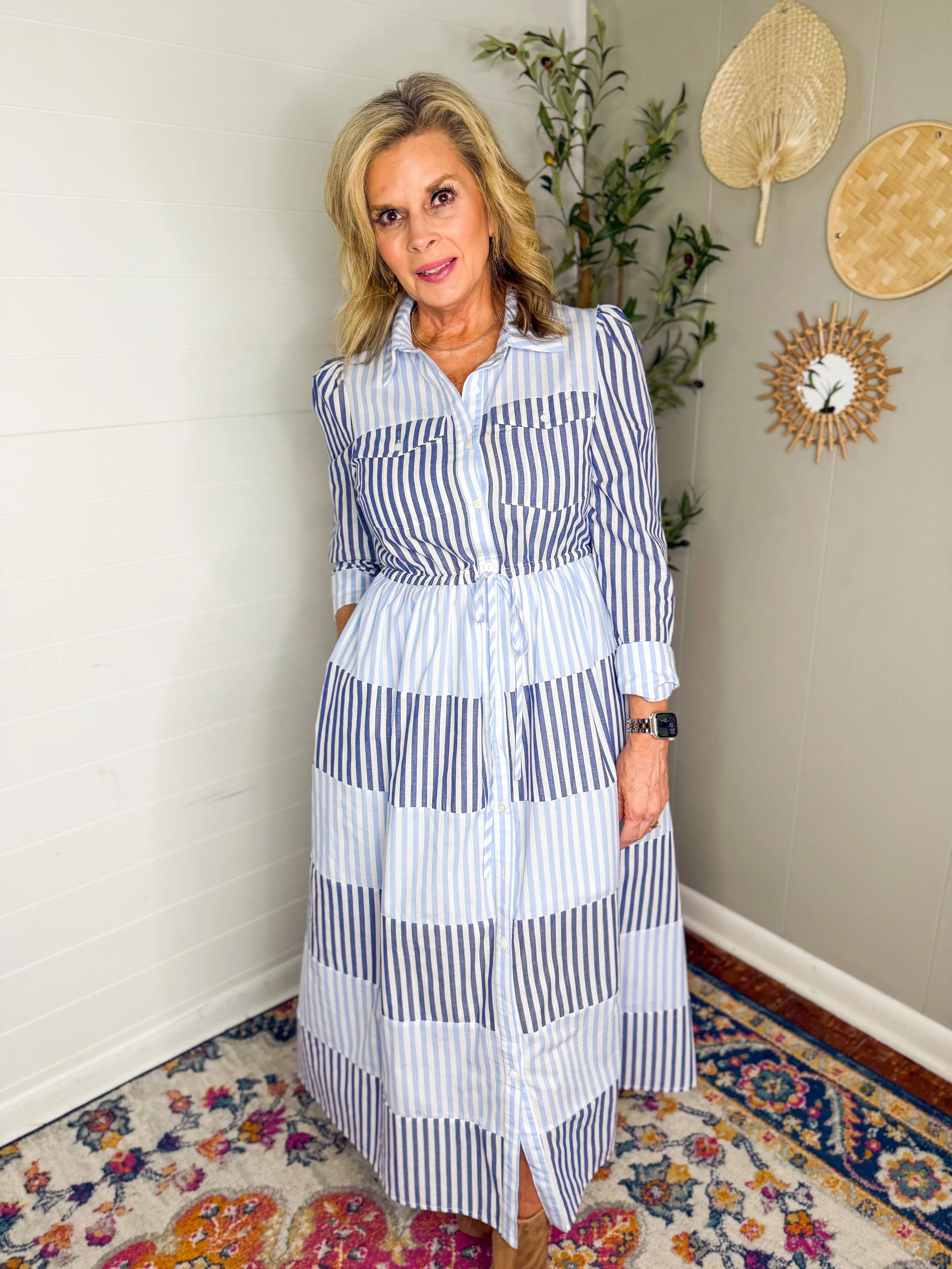 Striped Collared Button Front Dress