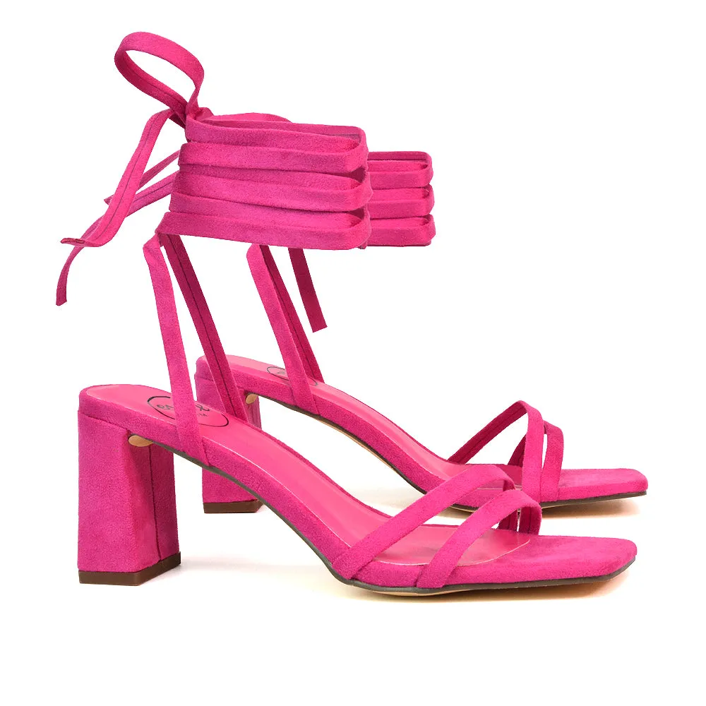Tanyel Strappy Lace up Faux Suede Mid Block Heel Sandals in Green