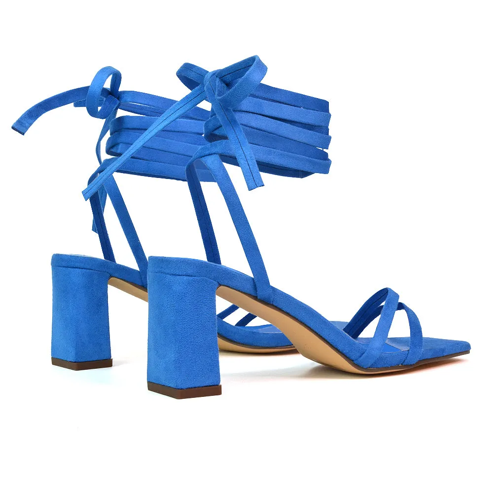 Tanyel Strappy Lace up Faux Suede Mid Block Heel Sandals in Green