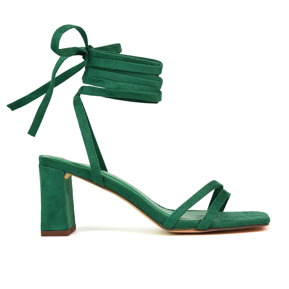 Tanyel Strappy Lace up Faux Suede Mid Block Heel Sandals in Green