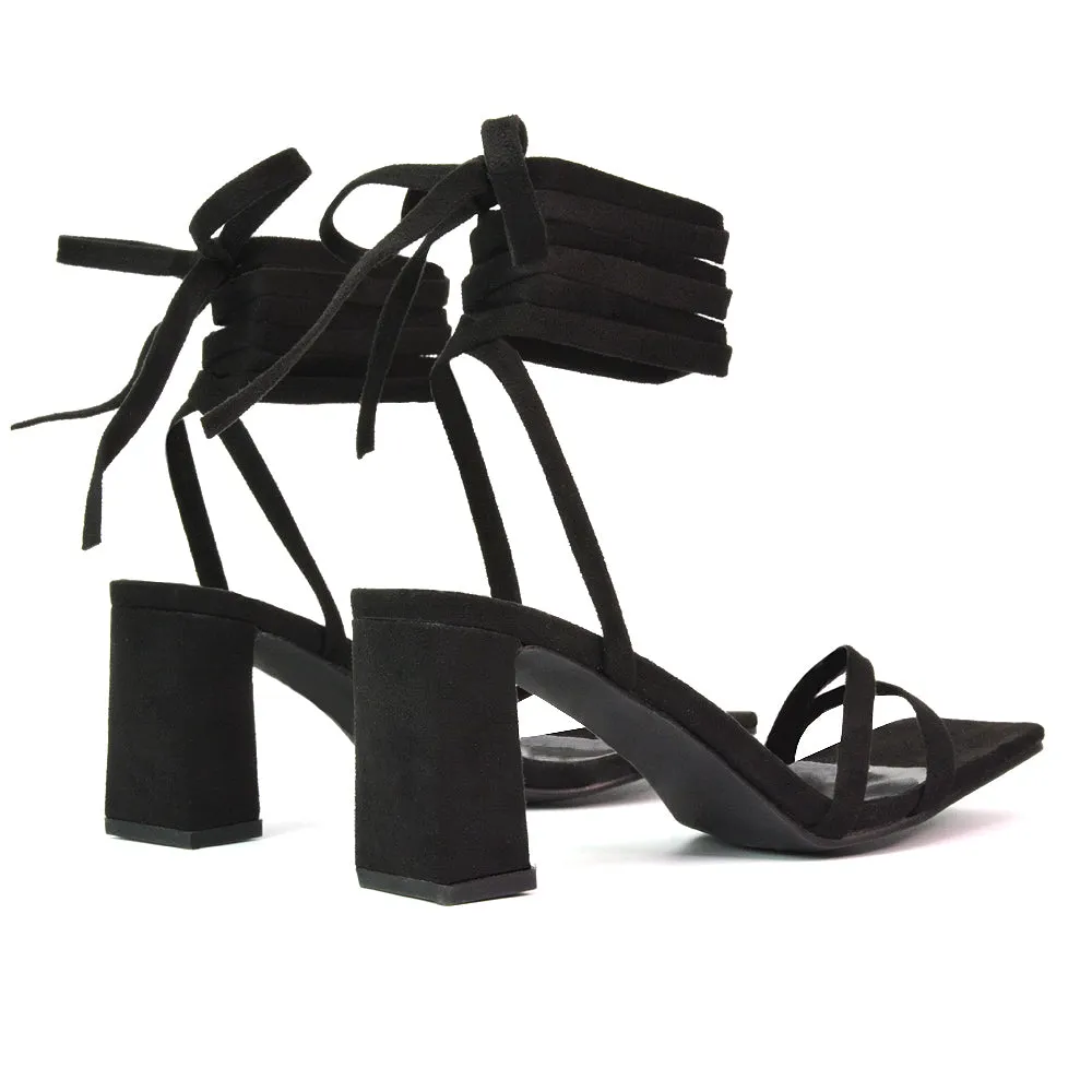 Tanyel Strappy Lace up Faux Suede Mid Block Heel Sandals in Green