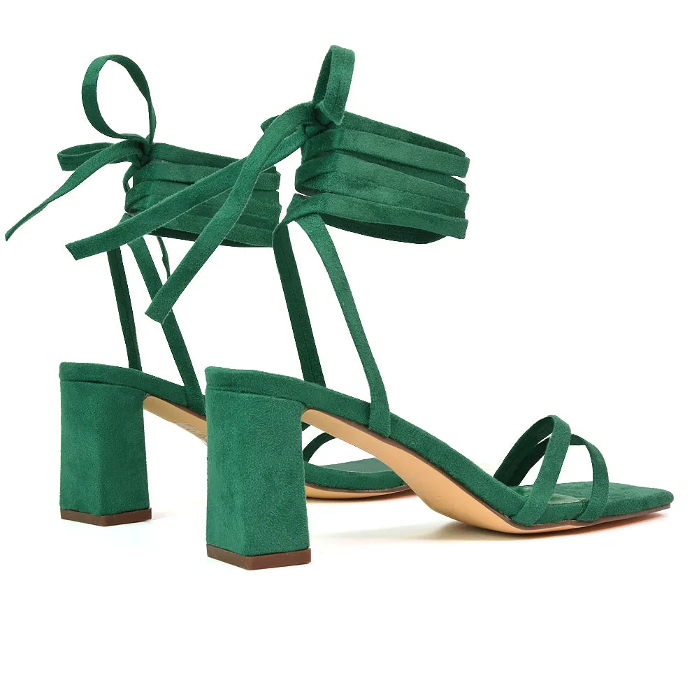 Tanyel Strappy Lace up Faux Suede Mid Block Heel Sandals in Green