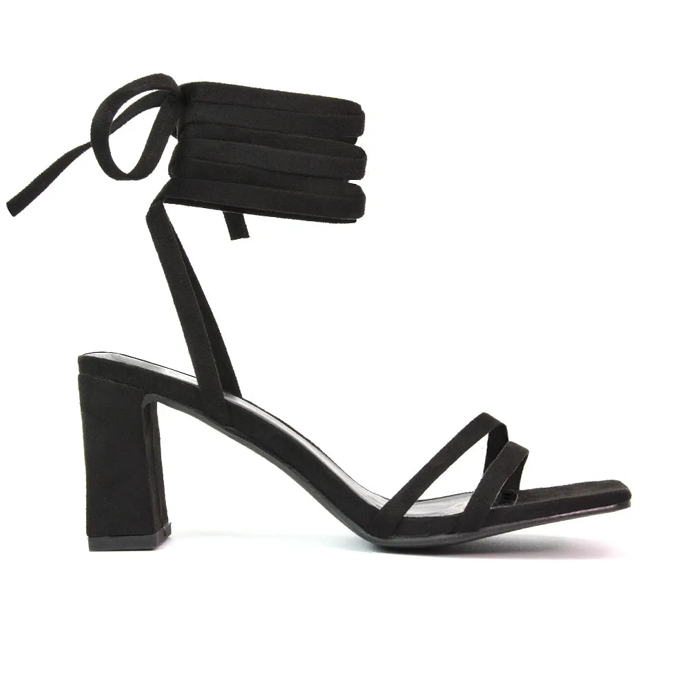 Tanyel Strappy Lace up Faux Suede Mid Block Heel Sandals in Green