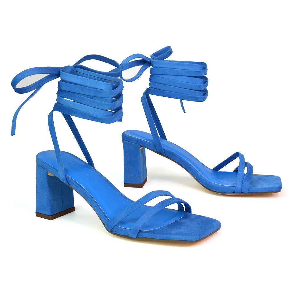 Tanyel Strappy Lace up Faux Suede Mid Block Heel Sandals in Green