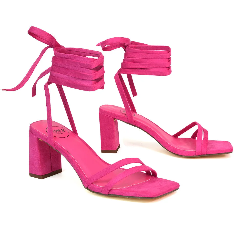 Tanyel Strappy Lace up Faux Suede Mid Block Heel Sandals in Green