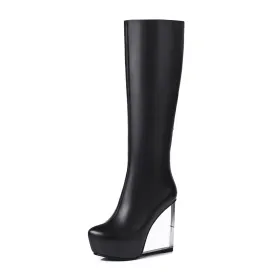 TinaCus Women's Handmade Genuine Leather Round Toe Transparent High Heel Half Zip Up Knee High Boots with Platform