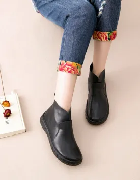 Winter Retro Leather Women's Black Boots Plush
