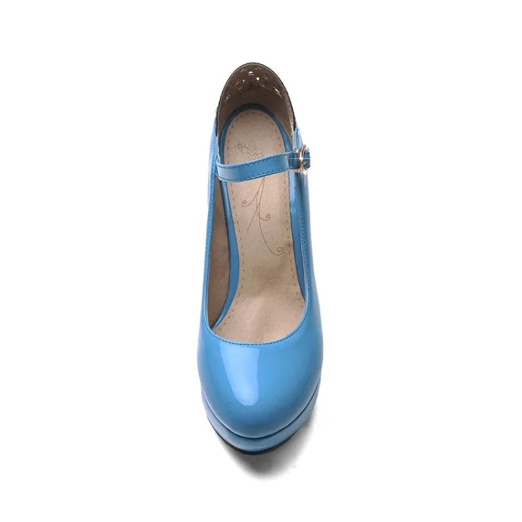 Women
 Glossy Round Toe Shallow Back Rhinestone Spool Heel Platform Pumps