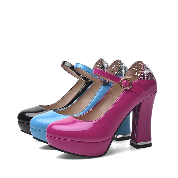 Women
 Glossy Round Toe Shallow Back Rhinestone Spool Heel Platform Pumps