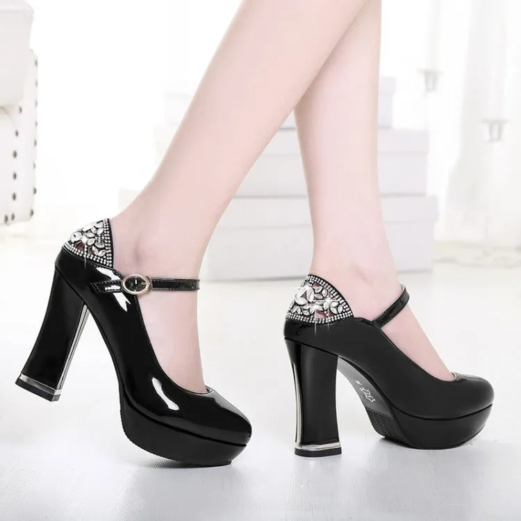 Women
 Glossy Round Toe Shallow Back Rhinestone Spool Heel Platform Pumps