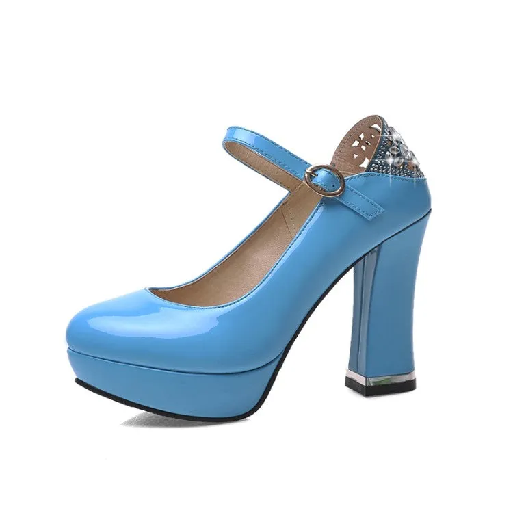 Women
 Glossy Round Toe Shallow Back Rhinestone Spool Heel Platform Pumps