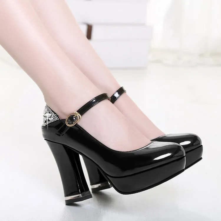 Women
 Glossy Round Toe Shallow Back Rhinestone Spool Heel Platform Pumps