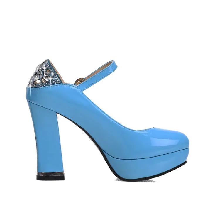 Women
 Glossy Round Toe Shallow Back Rhinestone Spool Heel Platform Pumps