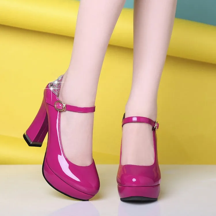 Women
 Glossy Round Toe Shallow Back Rhinestone Spool Heel Platform Pumps