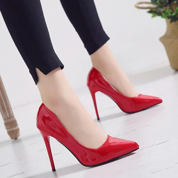 Women pointed toe stiletto heels | solid color summer work busines high heeled pumps | patent leather sexy heels