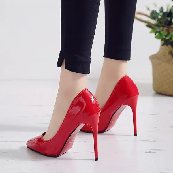 Women pointed toe stiletto heels | solid color summer work busines high heeled pumps | patent leather sexy heels