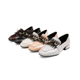 Women's Pumps Pu Leather Square Toe Metal Buckles Lace Puppy Heel Shoes